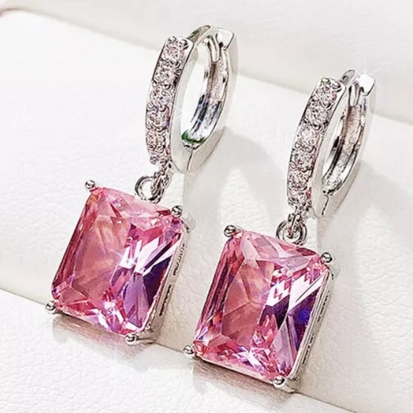 N/A Jewelry - Silver Huggie with Pink Emerald Cut Drop (1 1/4) Earrings - New